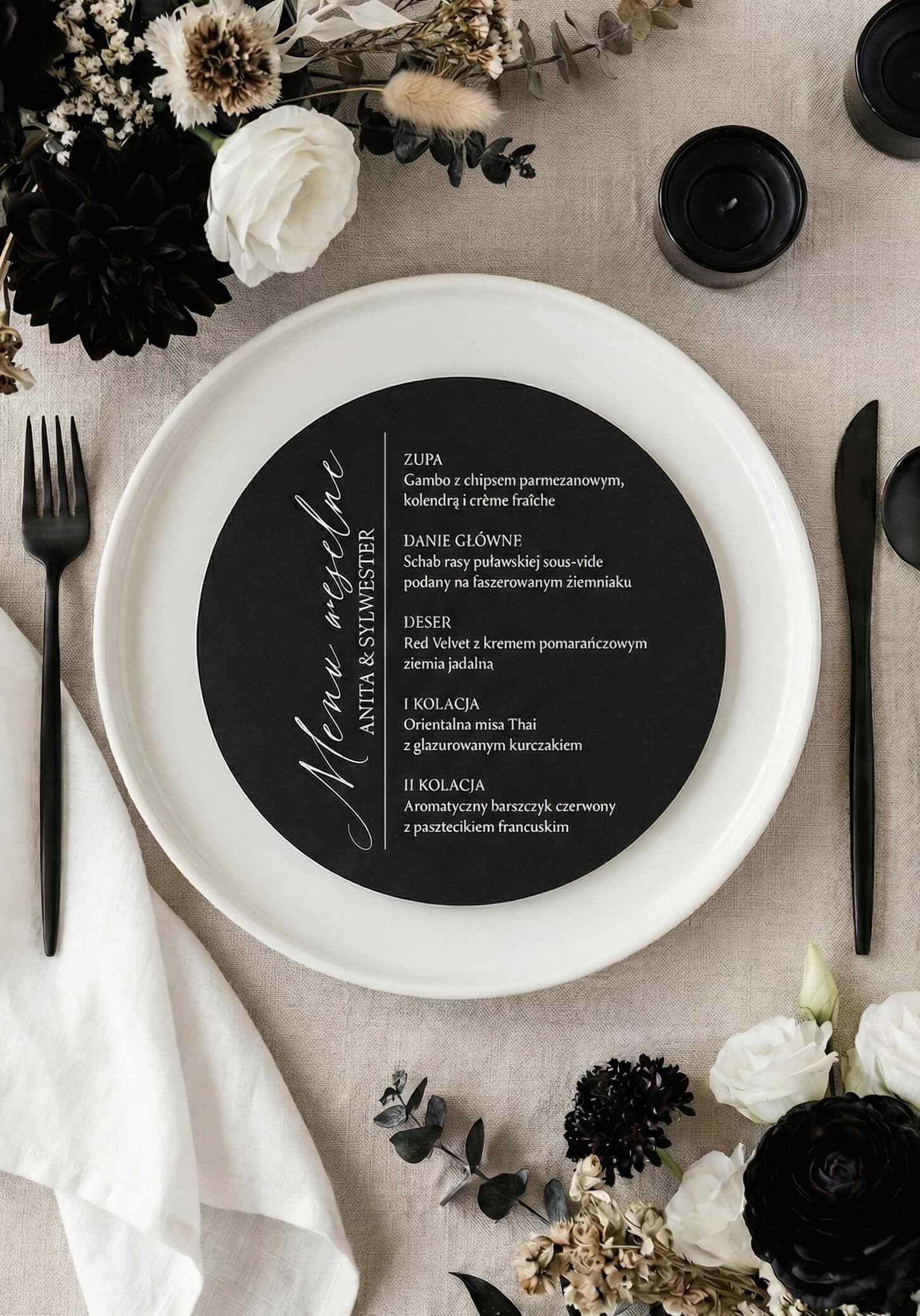 Menu Weselne Kraft nr 8 – Czarne Okrągłe Karty w Stylu Modern Glamour