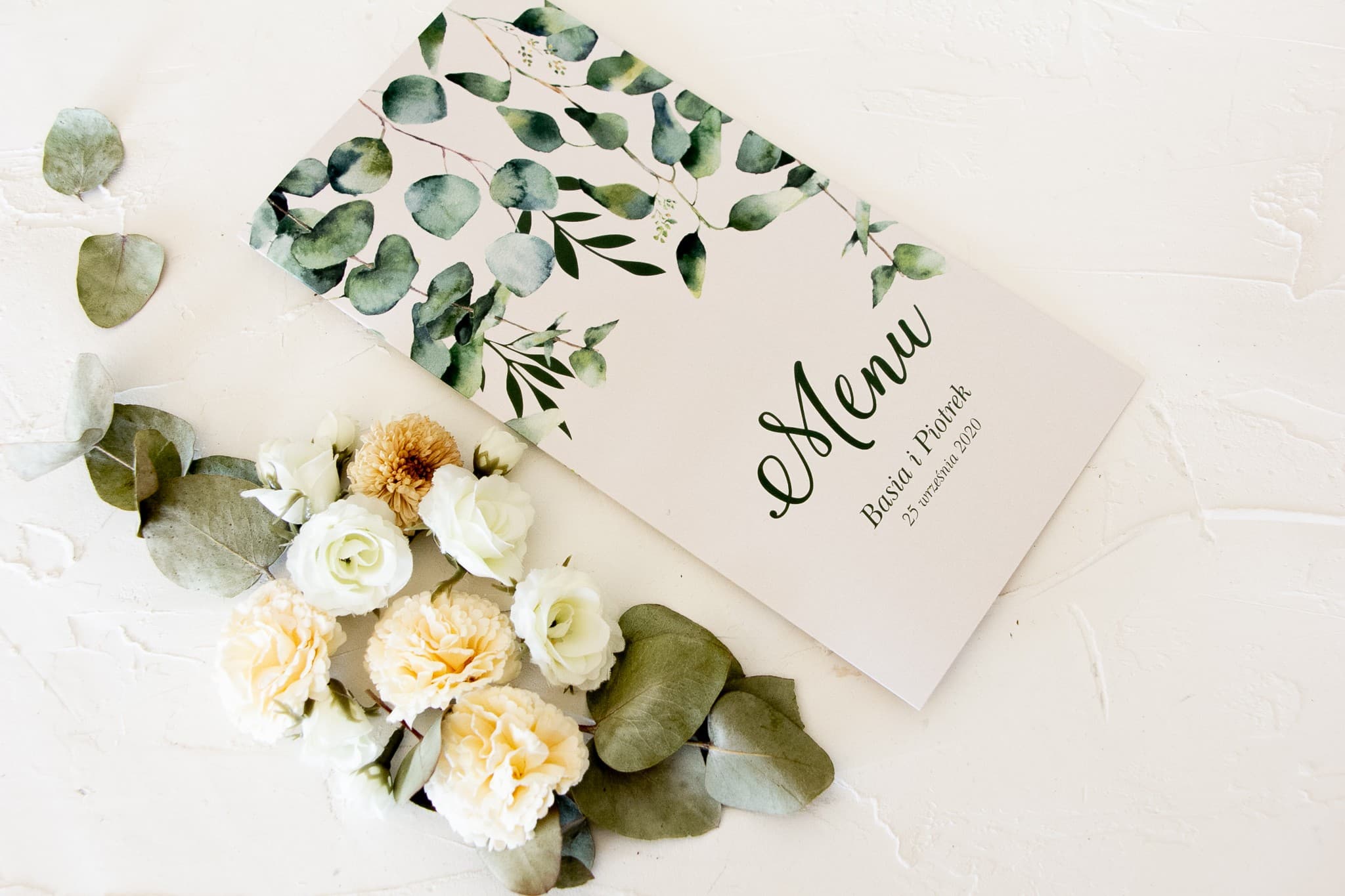 Menu Weselne Składane z Eukaliptusem | Eleganckie Menu na Stół Weselny Zielone | Korani nr 3