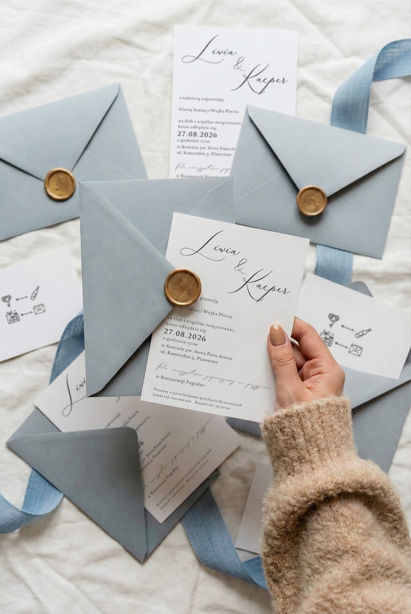 Zaproszenie na Wesele Lauren nr 3 – Minimalizm z Kopertą Dusty Blue