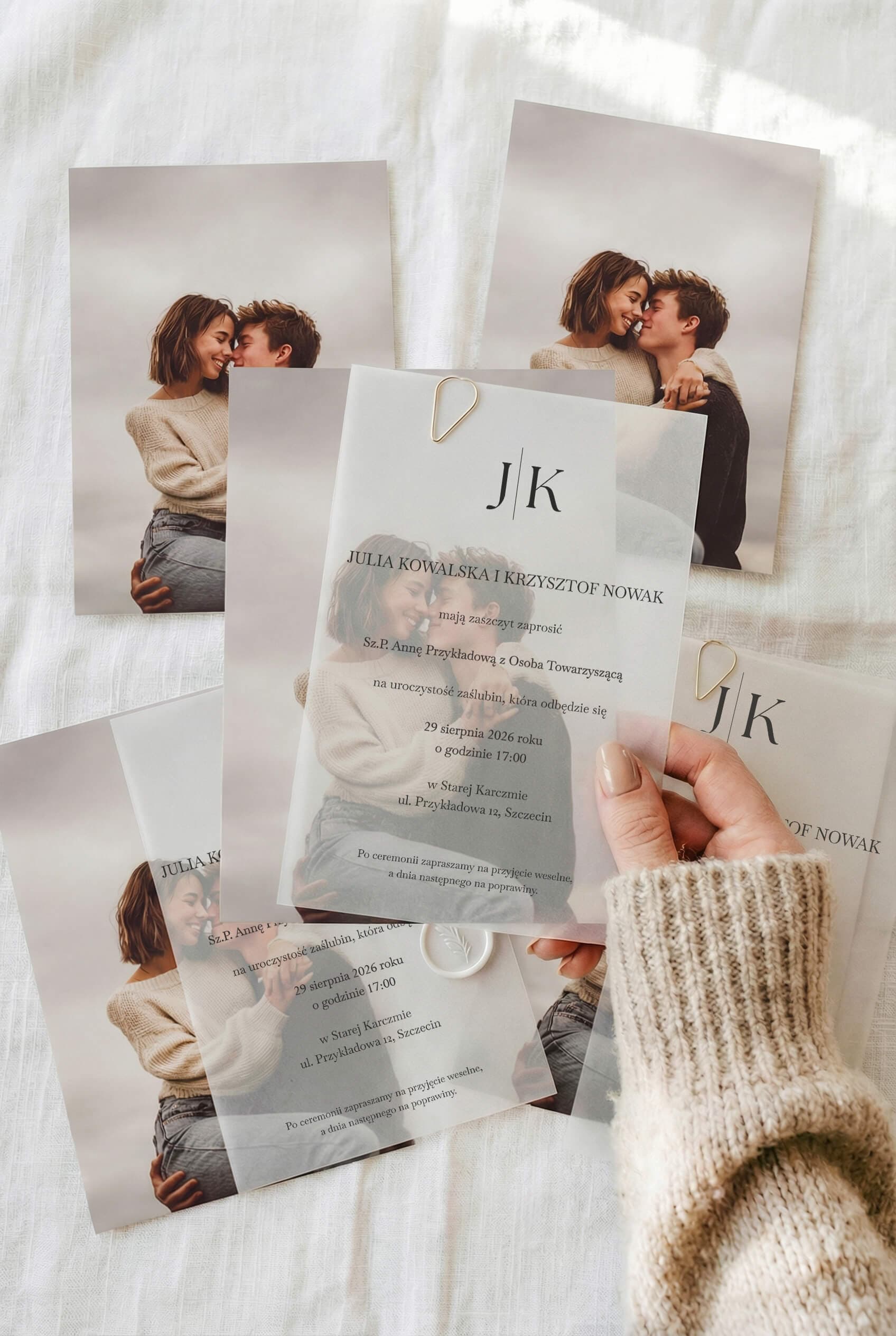 Zaproszenie na Wesele Satino nr 1 – Nowoczesny Styl ze Zdjęciem i Złotym Spinaczem