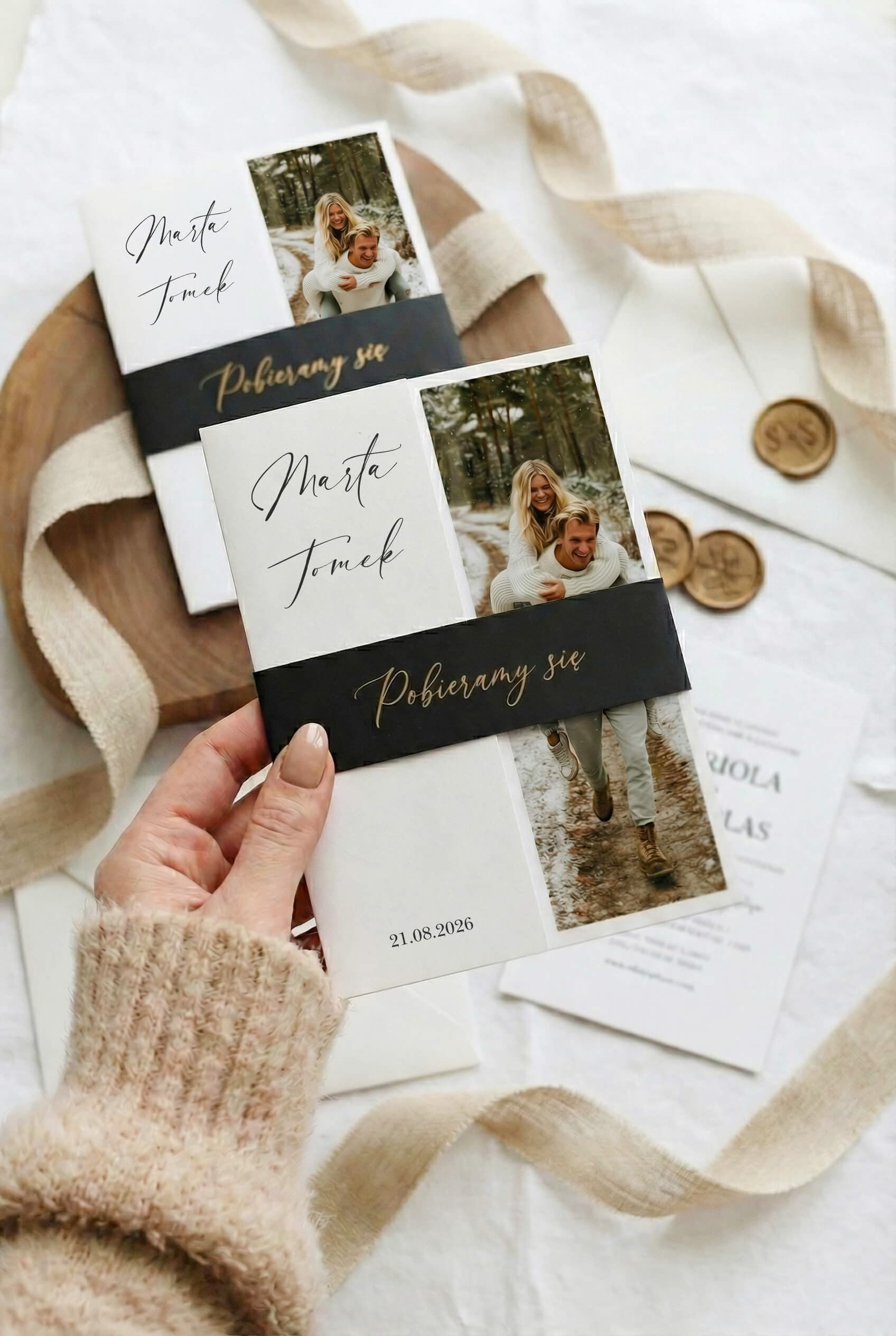Zaproszenie na Wesele Tender nr 1 – Nowoczesny Styl ze Zdjęciem i Czarną Owijką