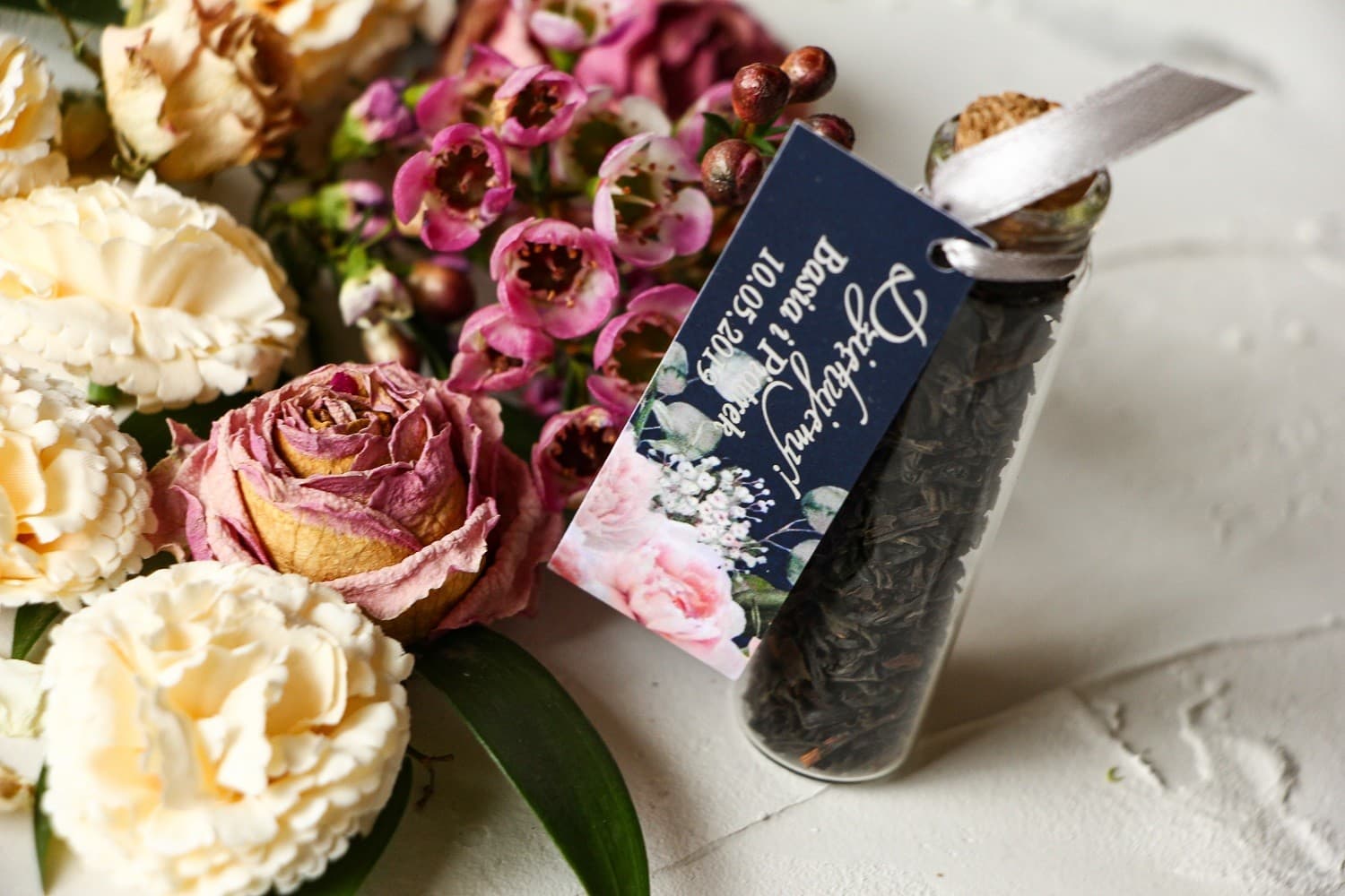 Herbata w Fiolce Podziękowanie dla Gości | Upominki Weselne z Motywem Piwonii Glamour | Pastelowe nr 3