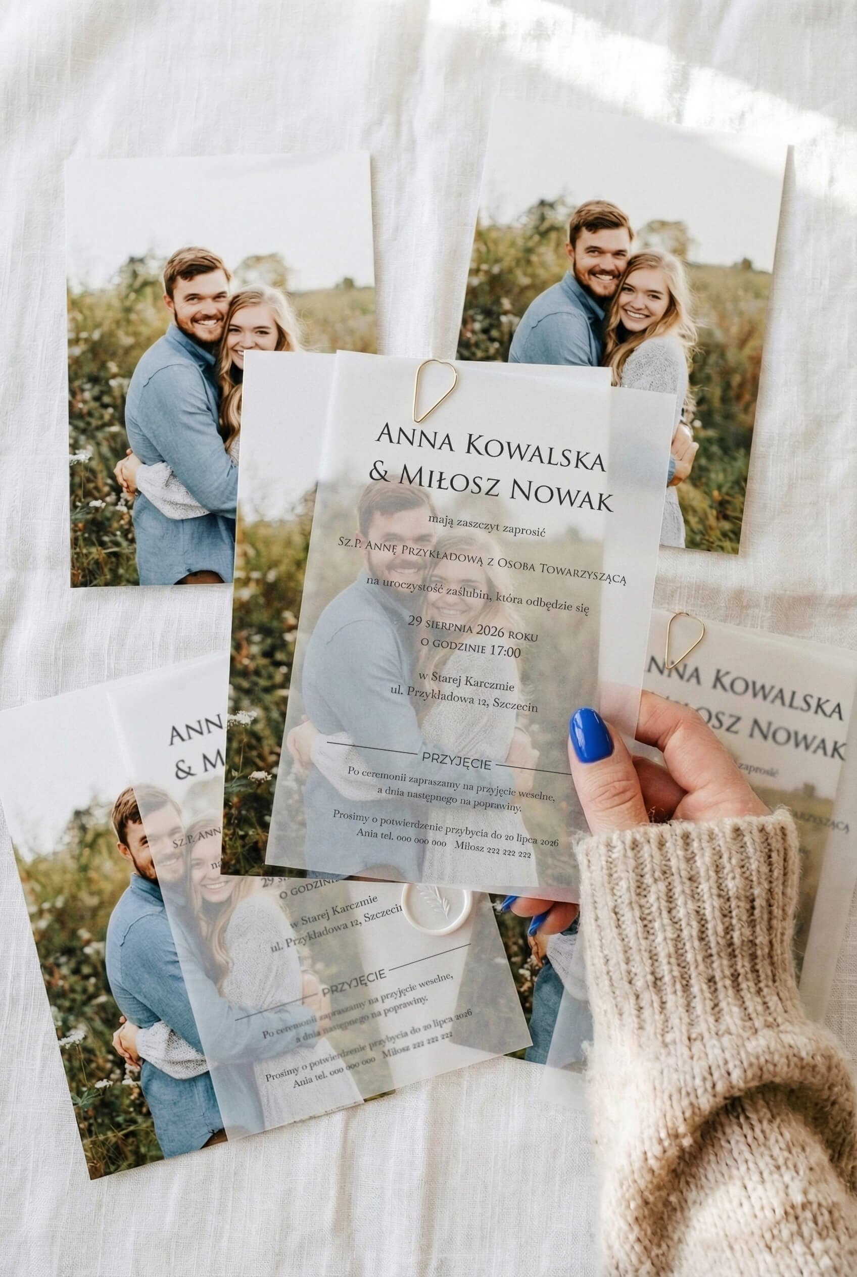 Zaproszenie na Wesele Satino nr 3 – Klasyczna Elegancja ze Zdjęciem i Złotym Detalem