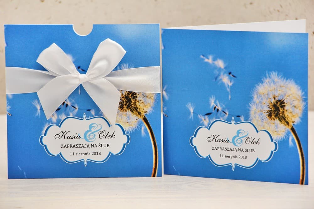 Zaproszenia ślubne w etui ze zdjęciem dmuchawców i błękitnym niebem – Felicja nr 11