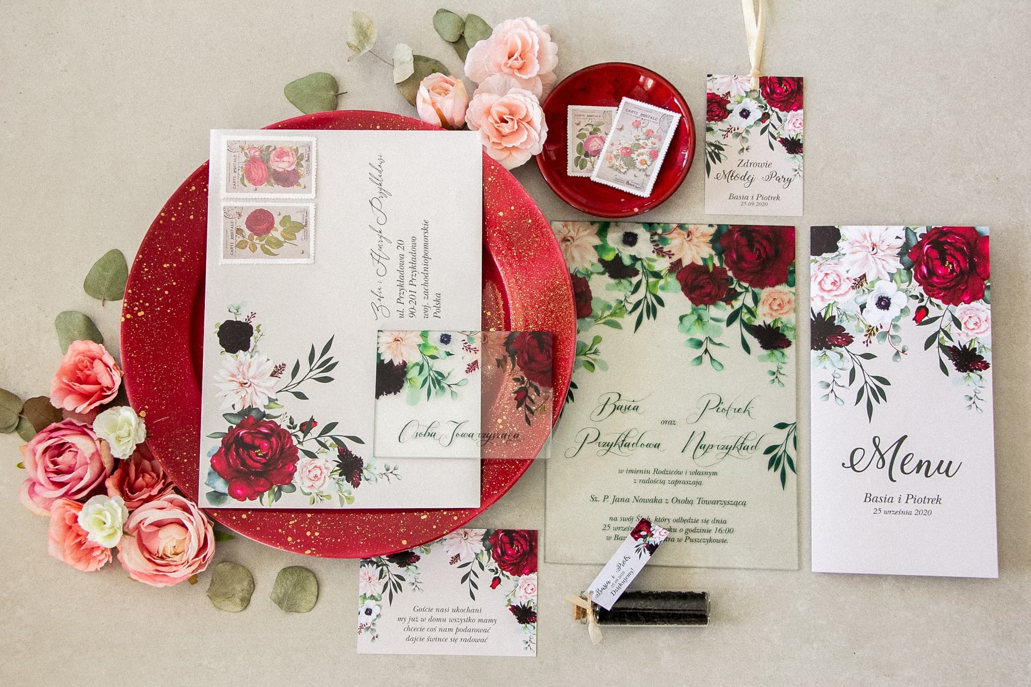 Zaproszenia Ślubne na Szkle Korani nr 4 – Burgundowe Dalie