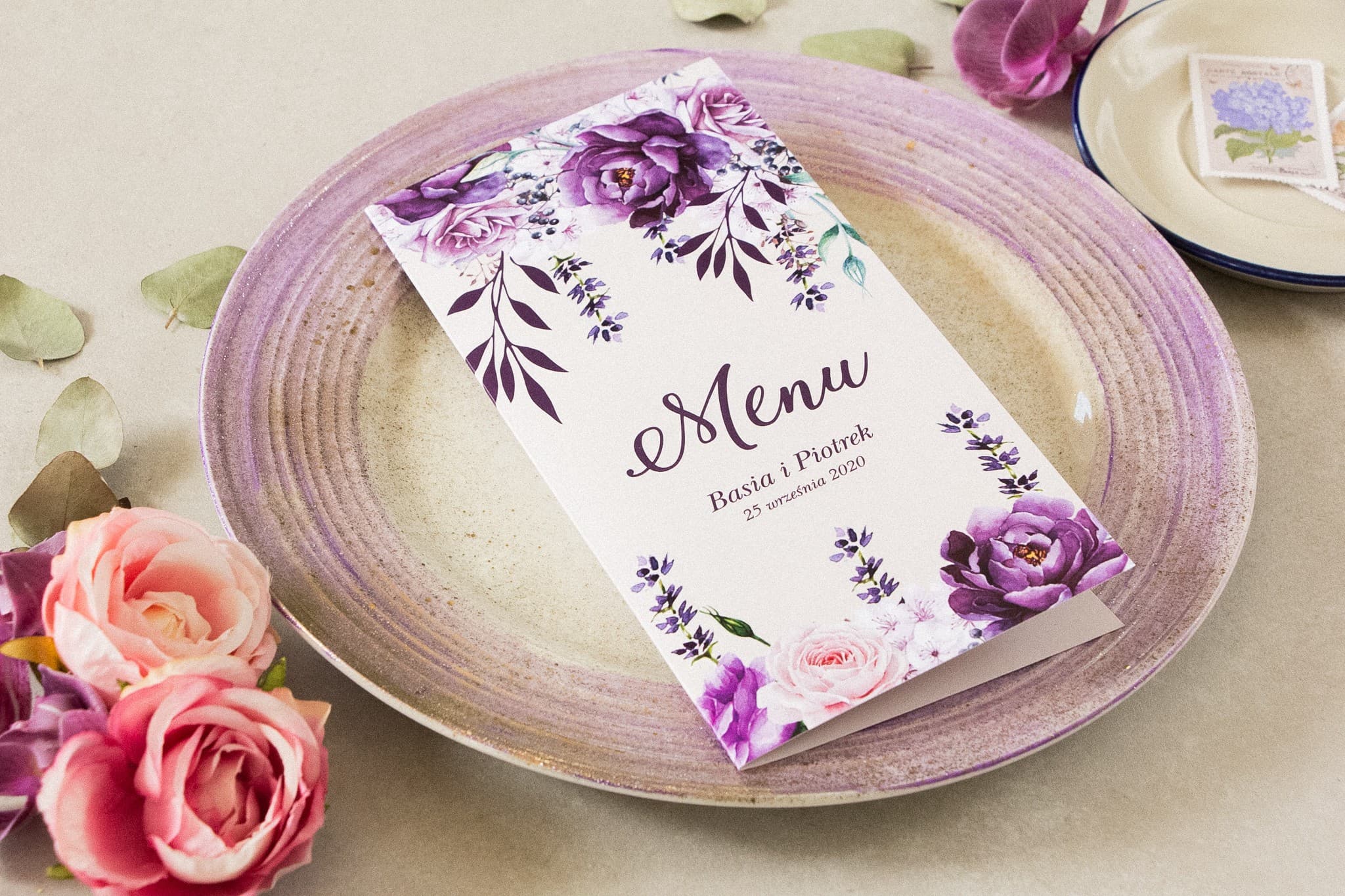 Fioletowe Menu z Lawendą, Personalizowana Karta Dań | Eleganckie Menu Weselne na Stół | Korani nr 5