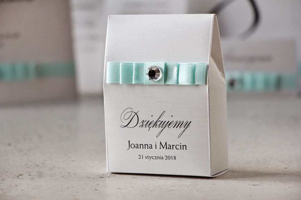 Eleganckie Pudełeczko z Kokardką i Cyrkonią, Papier Perłowy | Podziękowania dla Gości Weselnych, Upominki | Amaretto nr 6