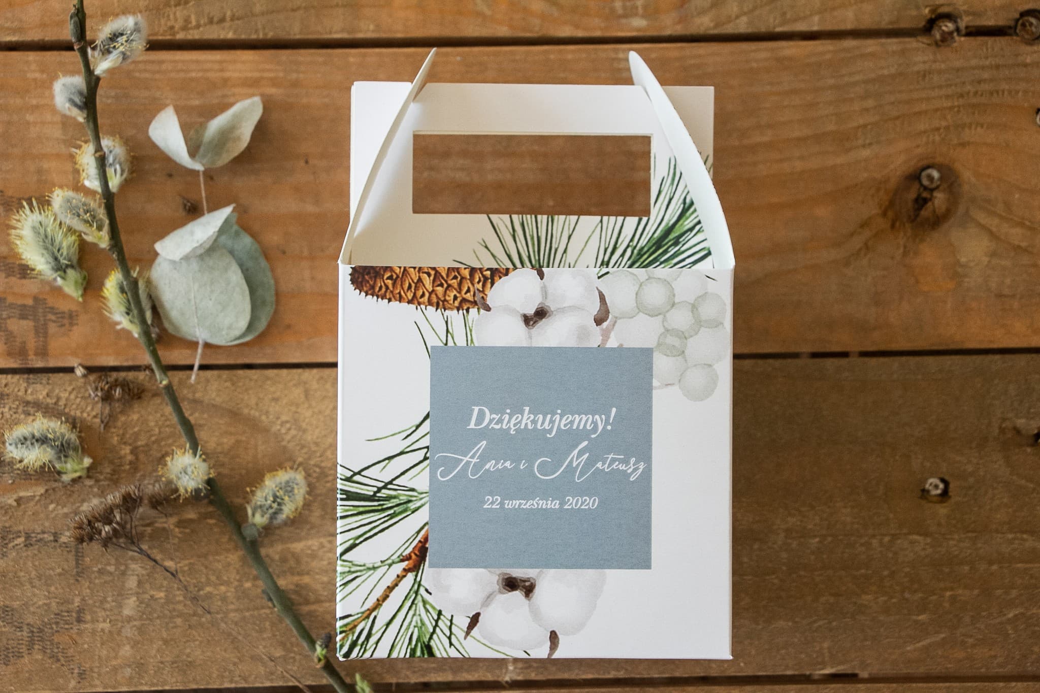 Niebieskie Pudełka na Ciasto Weselne z Gałązkami | Opakowania na Podziękowania dla Gości | Korani nr 8