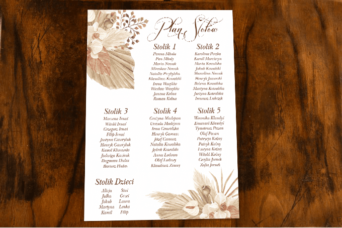 Botaniczny Plan Stołów z Trawą Pampasową | Tablica z Rozmieszczeniem Gości Weselnych Boho | Indygo nr 6