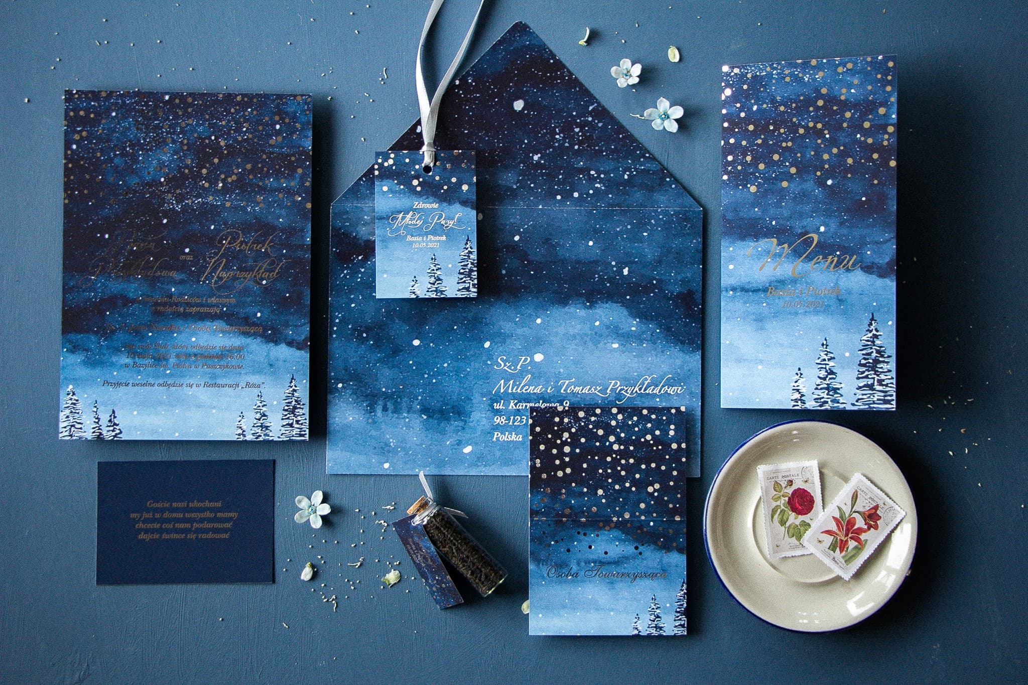 Zaproszenia Ślubne Pastelowe nr 6 – Nocne Niebo i Srebrzenie