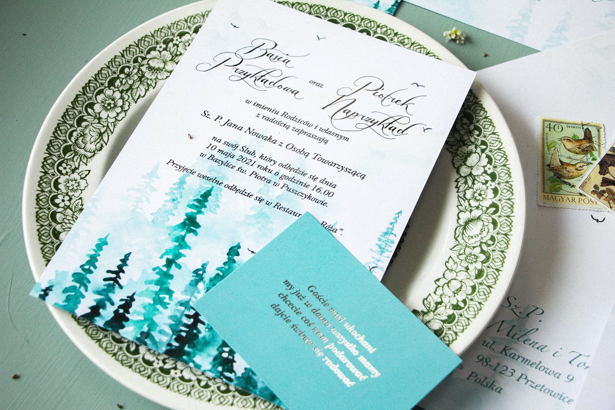 Zaproszenia Ślubne Pastelowe nr 7 – Leśna Akwarela i Srebro - 2