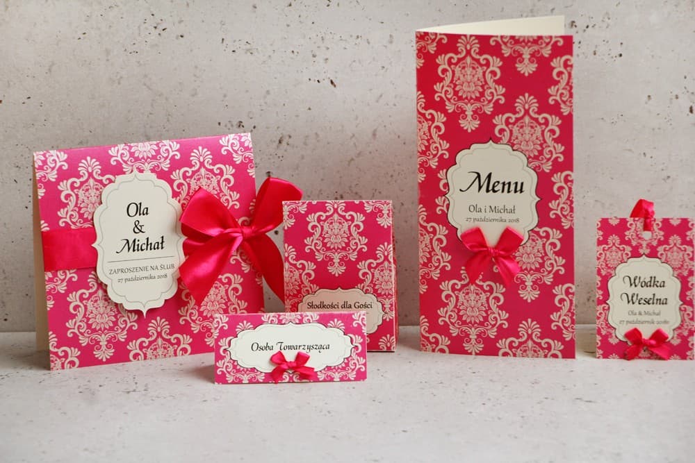 Próbki Papeterii Ślubnej z Bonem, Amarantowy Perłowy Papier | Zestaw Próbek Zaproszeń Ślubnych | Ornament nr 5