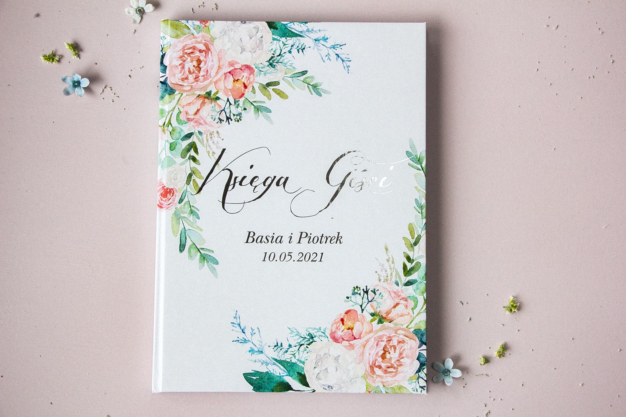 Srebrzona Księga Gości Akwarelowe Kwiaty | Personalizowana Pamiątka Ślubna | Pastelowe Nr 8 - 2