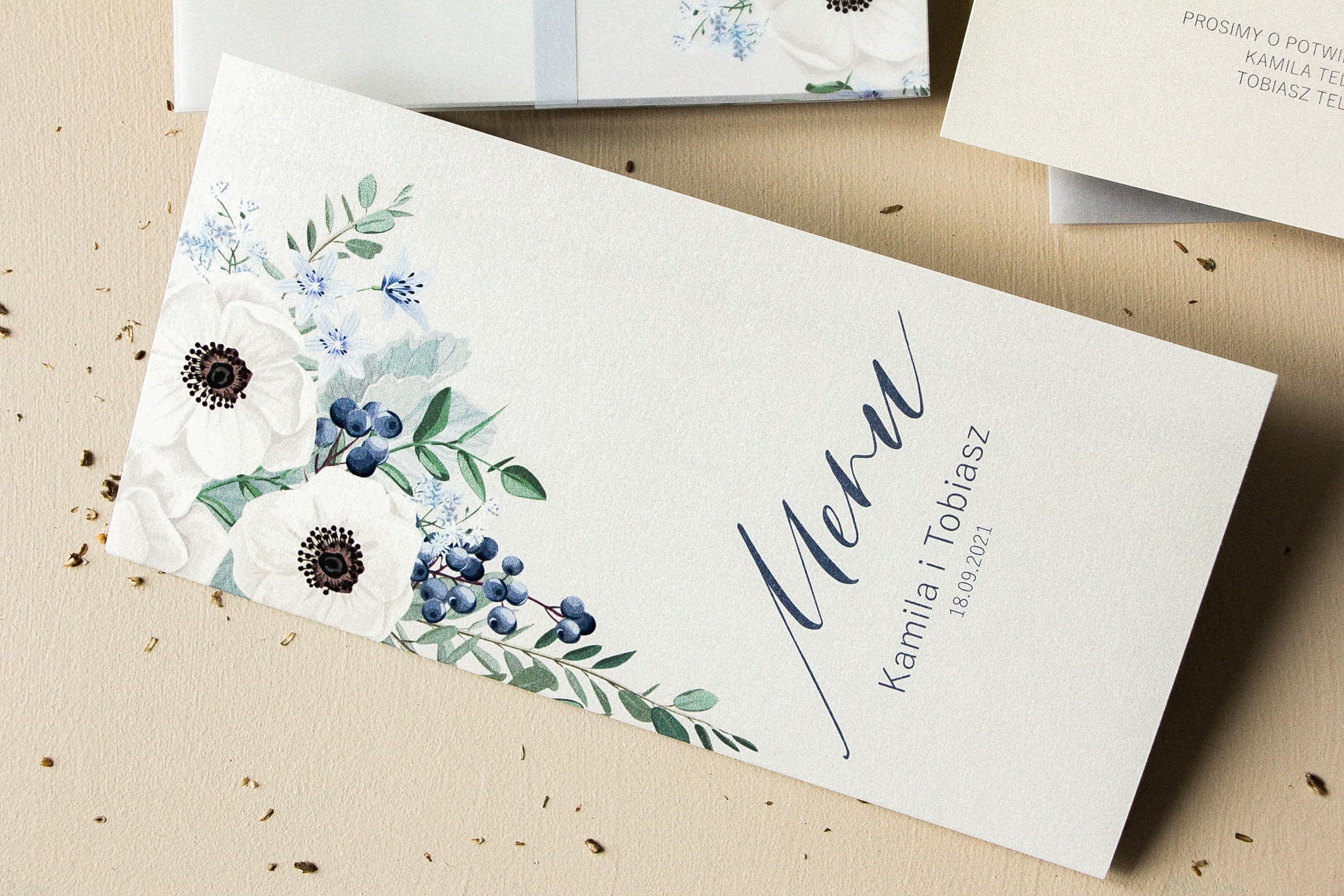 Menu Ślubne Perłowe Elegancja | Białe Zawilce i Perłowy Papier | Kolekcja Opal Nr 7