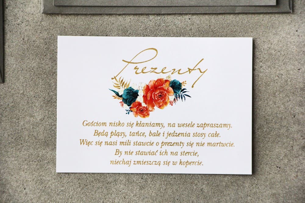 Złocony Bilecik do Zaproszeń Ślubnych Szmaragdowe Anemony Pomarańczowe Róże | Dodatki do Zaproszeń Ślubnych | Cykade nr 6