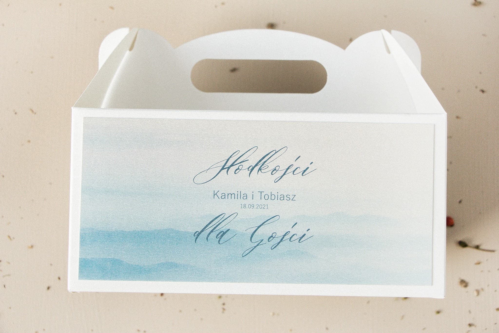 Personalizowane pudełko na ciasto z rączką i akwarelą | Opakowania na ciasto weselne dla gości | Opal nr 4
