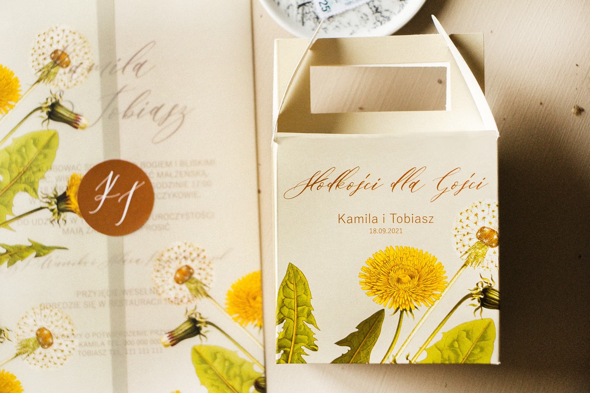 Pudełka na Ciasto Weselne z Dmuchawcem i Uchwytem | Personalizowane Opakowania dla Gości | Opal nr 6