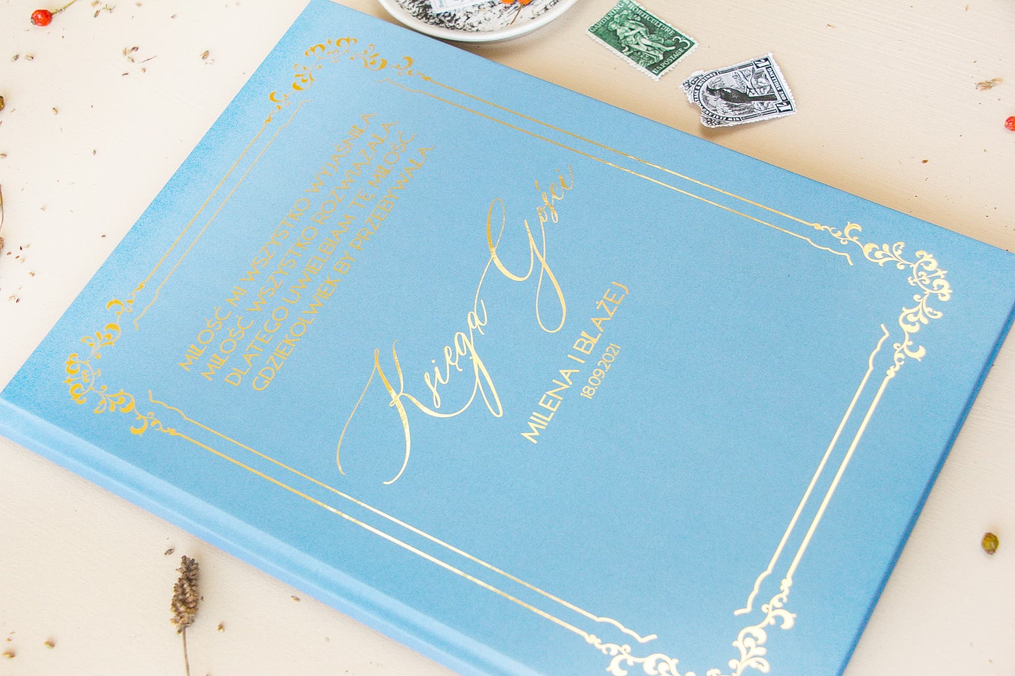 Elegancka Księga Gości Błękitna ze Złoceniami | Personalizowana Księga Gości Weselnych A4 | Sand Nr 1 - 3