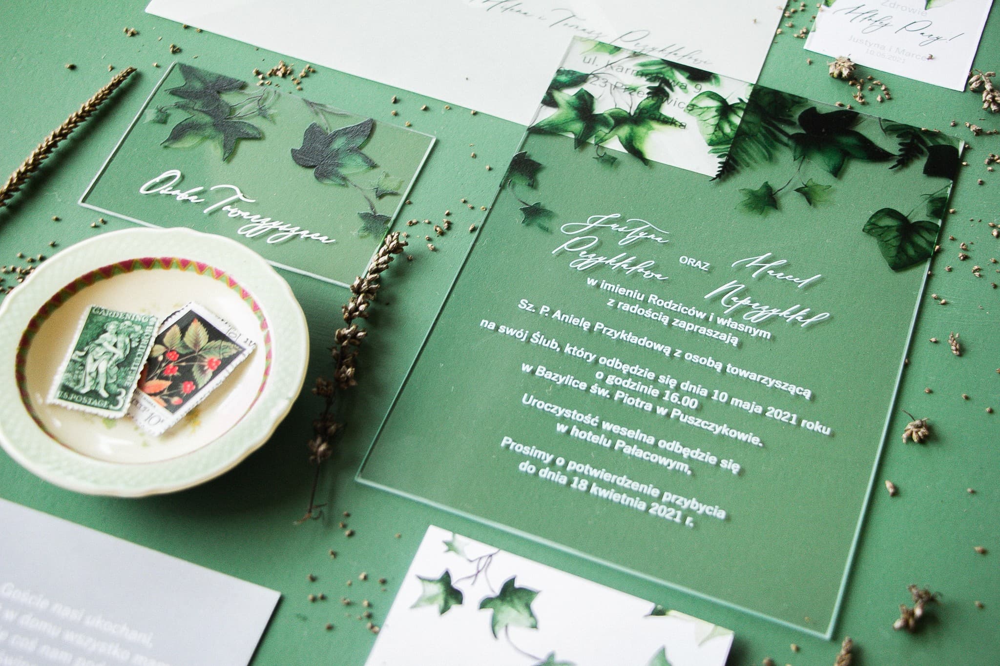 Zaproszenia ślubne na szkle botaniczne z zielonym bluszczem i kalką Soft nr 2 - 2