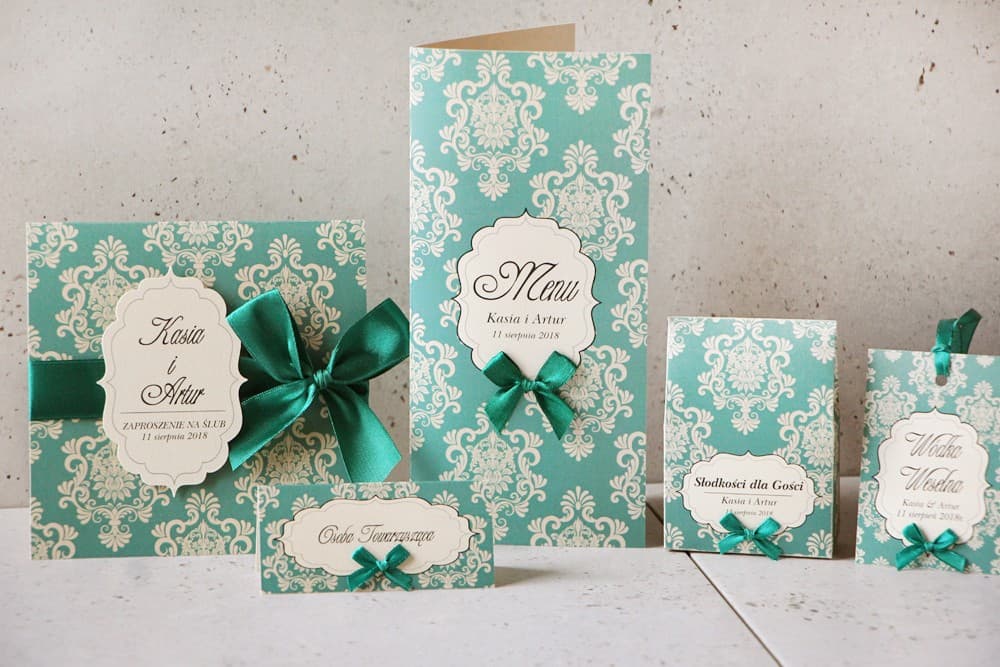 Zaproszenia ślubne perłowe ze szmaragdową kokardą i złoceniem – Ornament nr 9 - 3