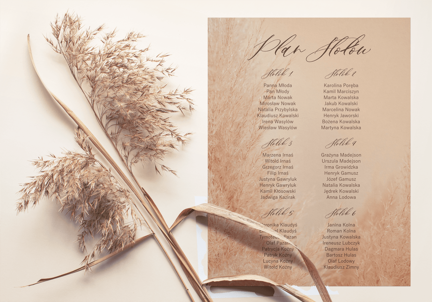 Elegancki Plan Stołów z Trawą Pampasową Boho | Rozpiska Gości Weselnych na Tablicy | Opal nr 1