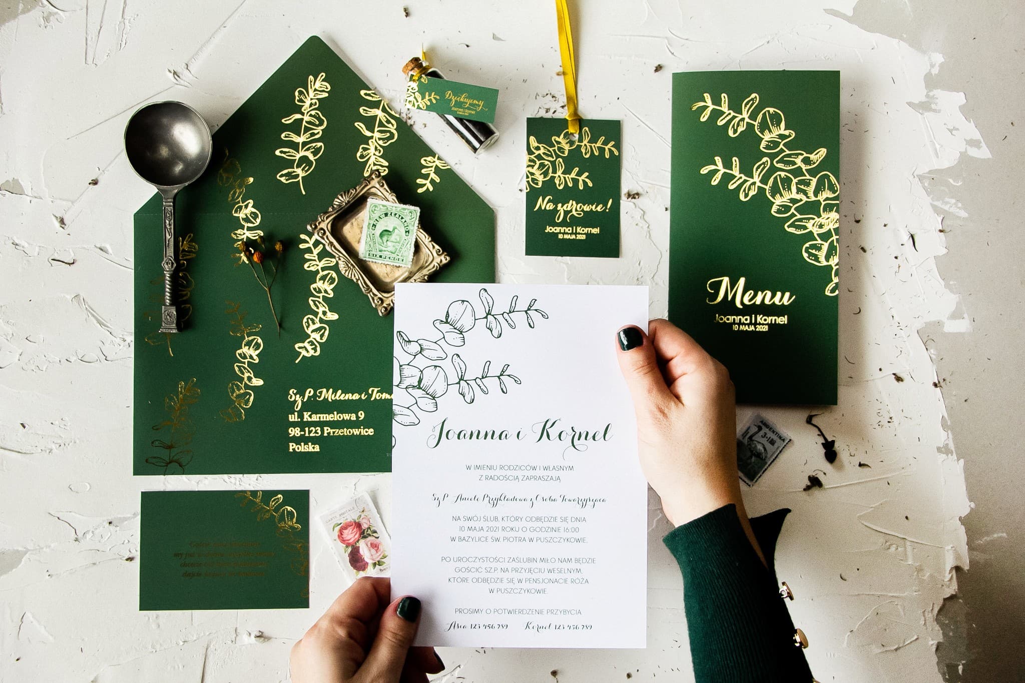 Próbki Zaproszeń Ślubnych Butelkowa Zieleń Eukaliptus | Zestaw Próbek Papeterii | Pattern nr 2