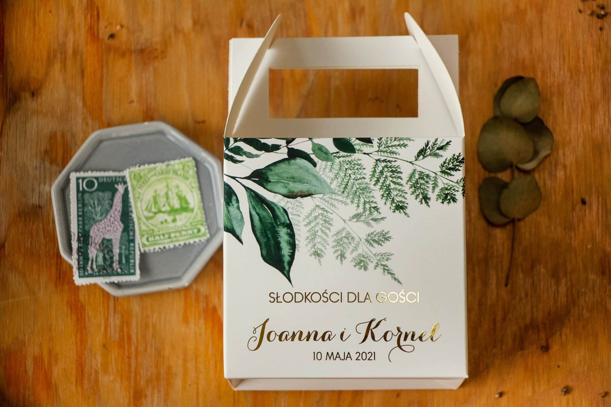 Złocone Pudełko na Ciasto Weselne Botaniczne | Personalizowane Opakowanie na Słodkości dla Gości | Pattern nr 5