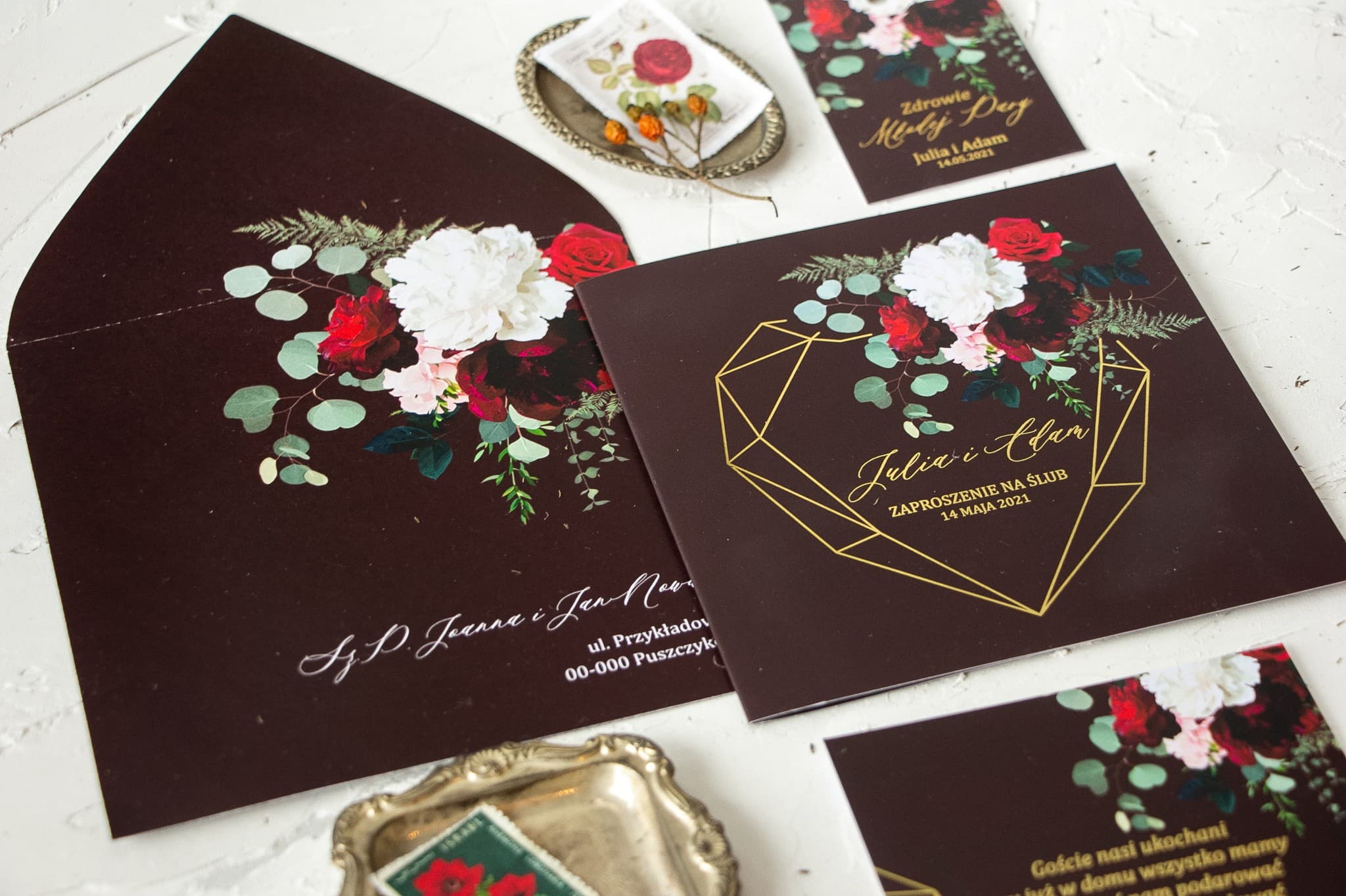 Próbka Zaproszenia Ślubnego Burgund i Złoto | Zobacz Jakość na Żywo | Szafirowe nr 9