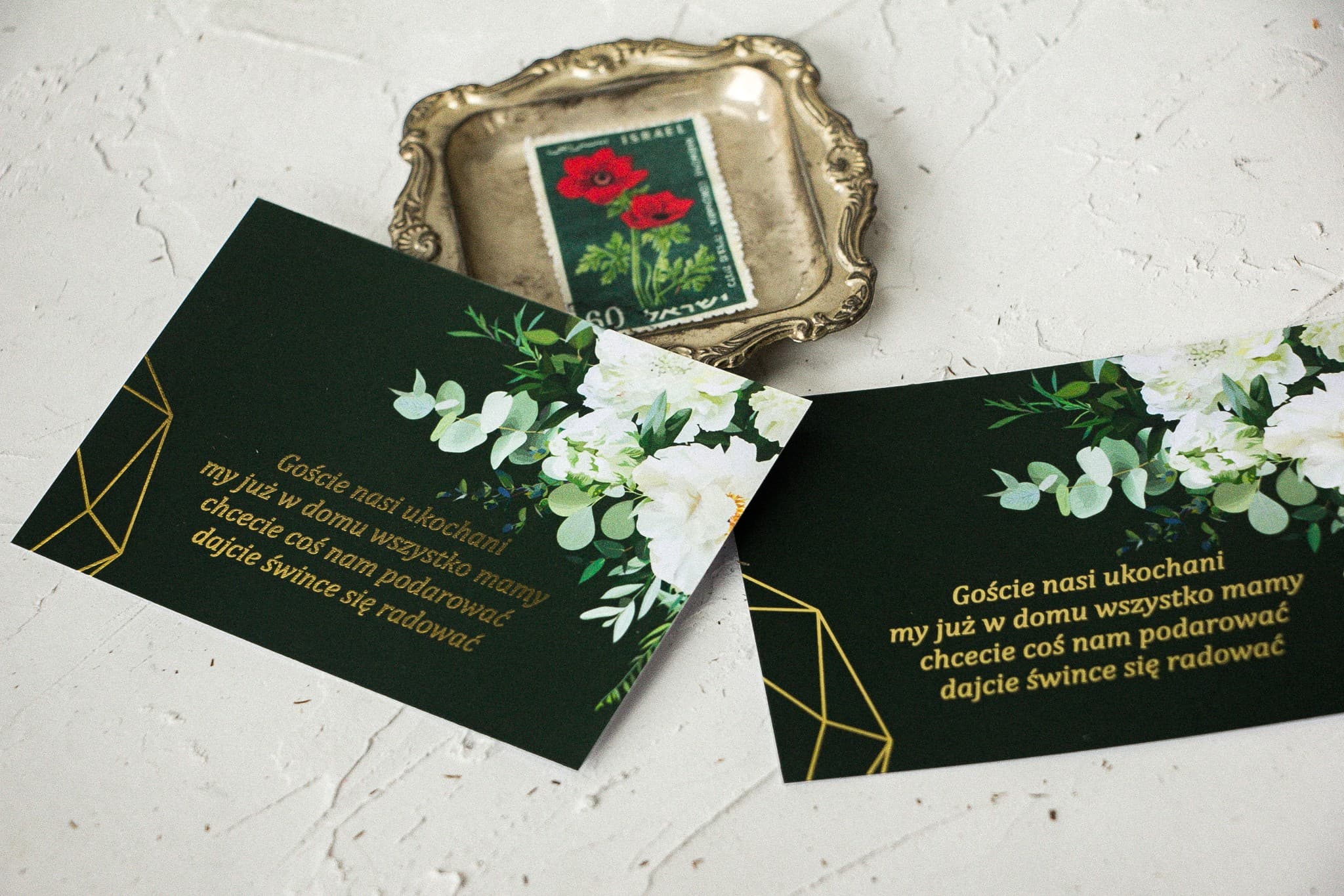 Złocony Bilecik Butelkowa Zielen z Piwoniami | Wkładka do Zaproszeń Ślubnych | Szafirowe nr 6