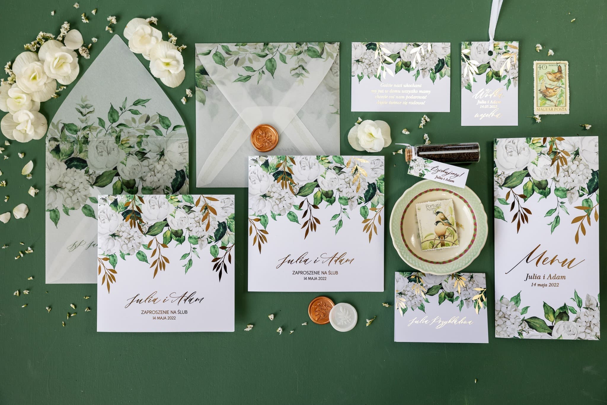 Zestaw próbek zaproszeń ślubnych z kwiatami i złoceniem Rubin nr 11
