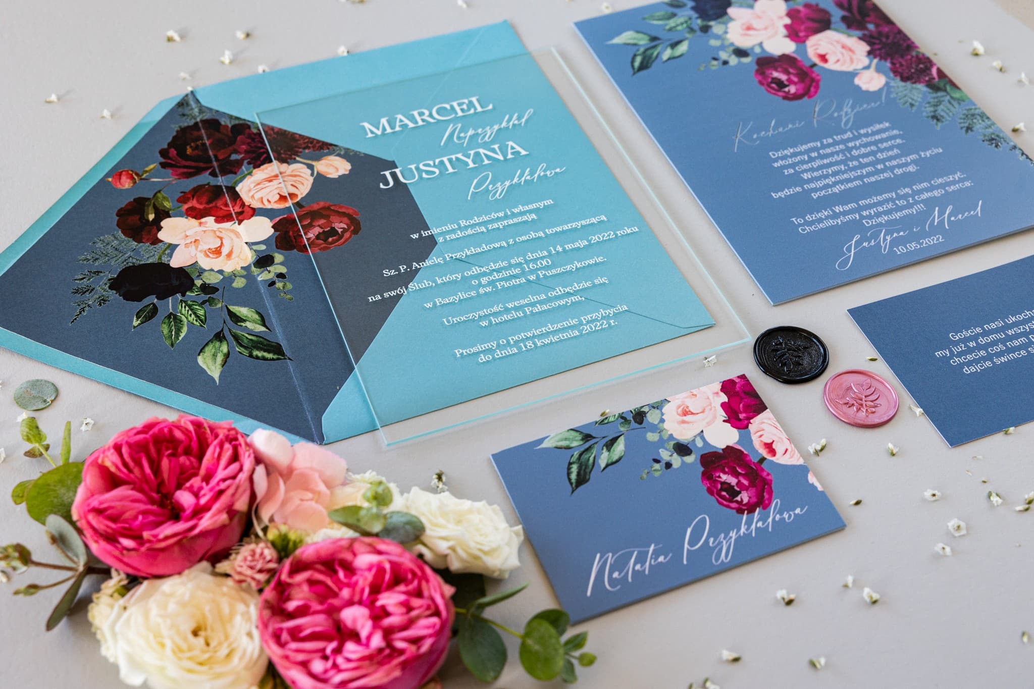 Minimalistyczne Zaproszenia Ślubne na Szkle Soft nr 6 – Kwiaty Burgund - 2