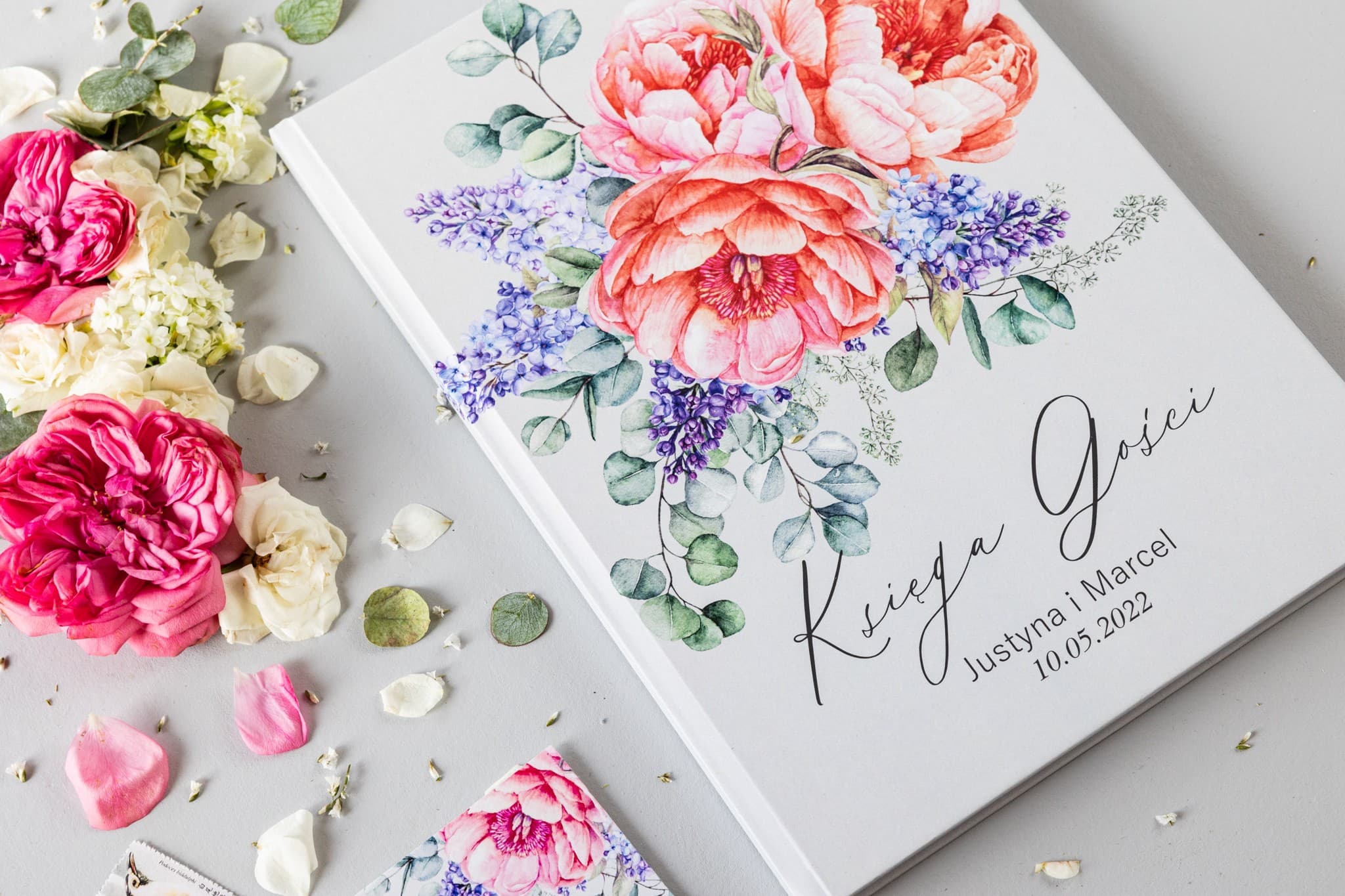 Księga Gości z Piwoniami i Bzem, Pudrowy Róż | Personalizowana Księga Gości Ślubna A4 | Soft nr 7 - 2