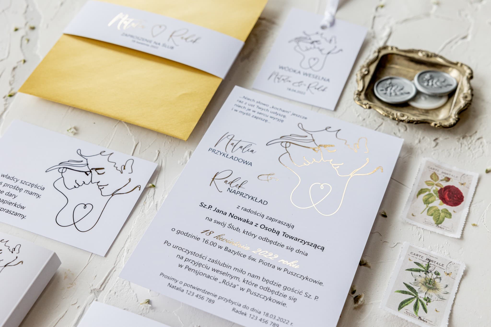 Próbka zaproszenia ślubnego ze złoceniem i elegancką złotą owijką | Jaspis nr 1