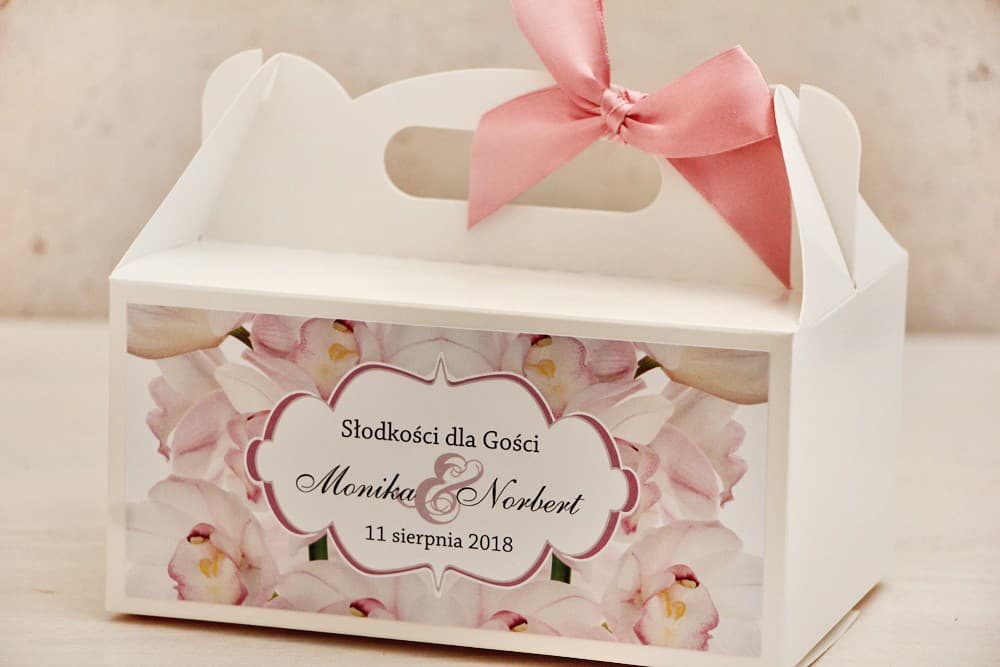 Eleganckie pudełko na ciasto weselne z rączką, motyw różowej orchidei | Personalizowane opakowania dla gości | Felicja nr 6