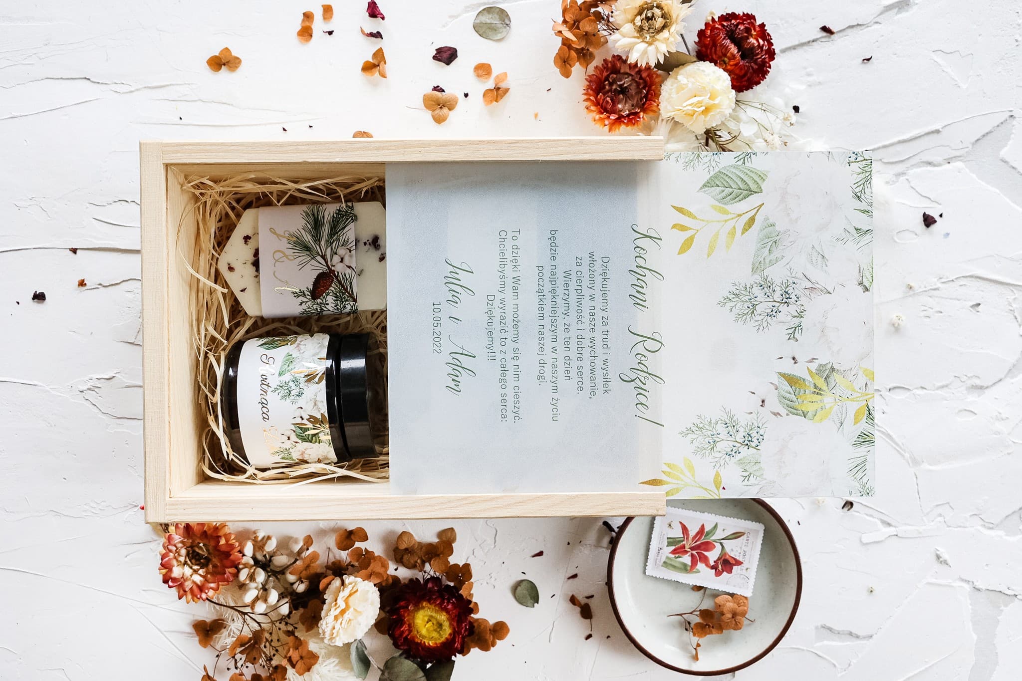 Skrzynka z Nadrukiem na Szkle, Świece Sojowe | Podziękowania dla Rodziców, Prezent Ślubny | Rubin nr 6