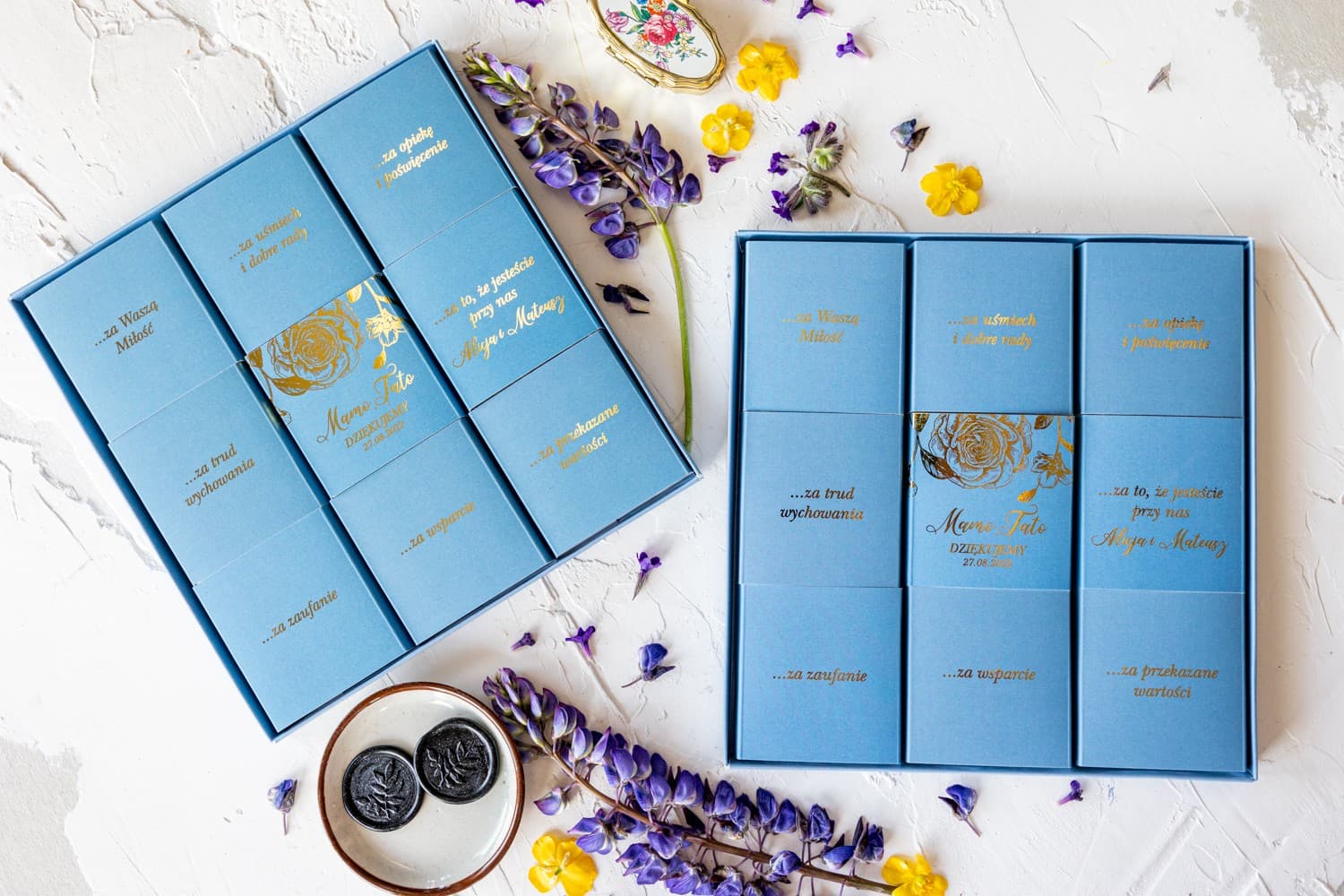 Elegancka Bombonierka Dusty Blue ze Złoceniem | Podziękowania dla Rodziców Ślubne | Onyks nr 2 - 4