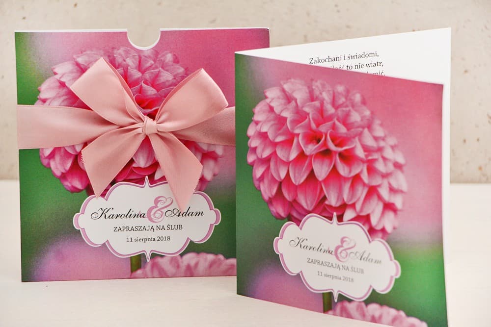 Zaproszenia ślubne glamour z kwiatami, butelkowa zieleń złocona z różową dalią – Felicja nr 9 - 3