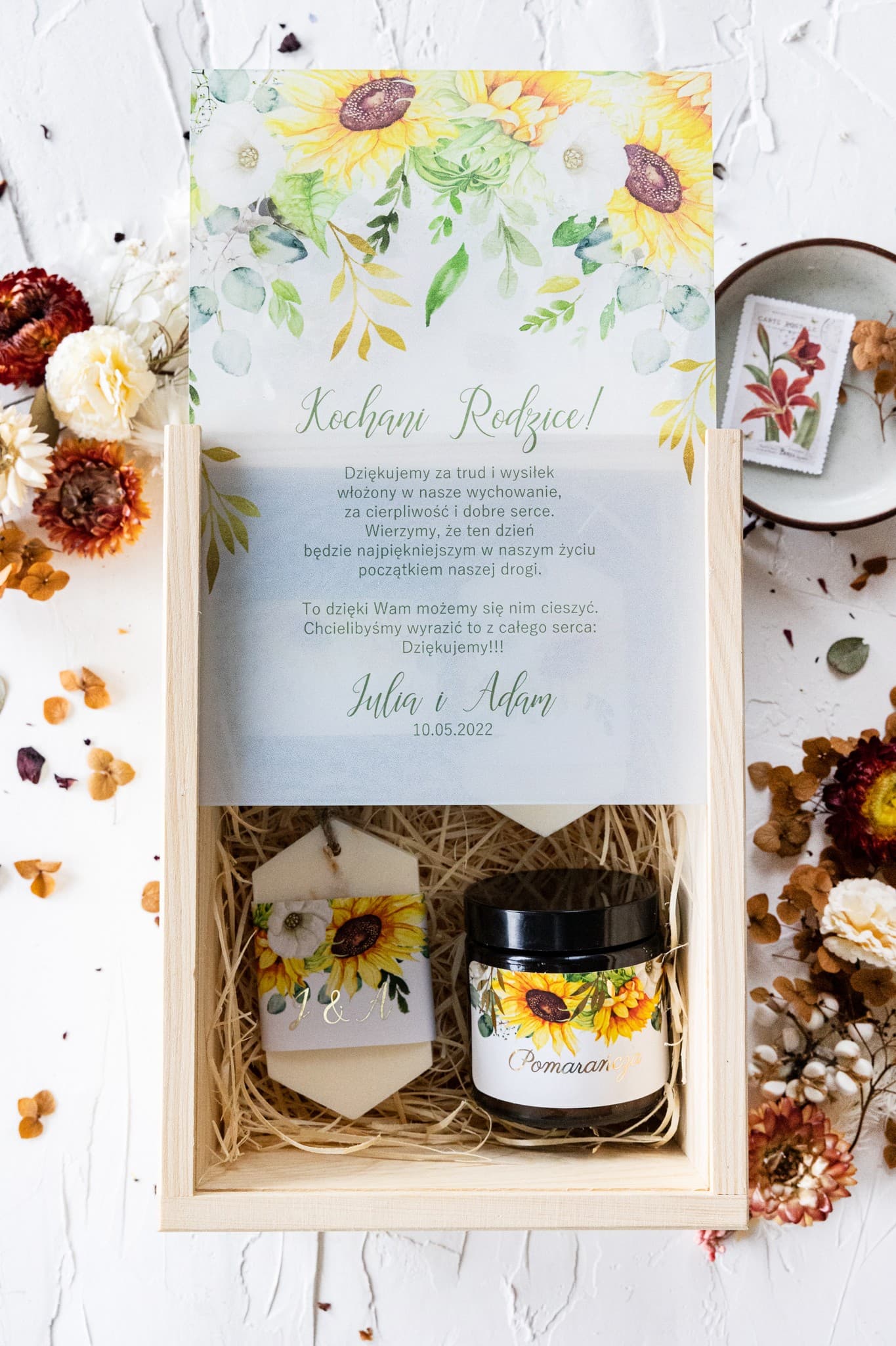 Prezent dla Rodziców Skrzynka Słoneczniki | Podziękowania Ślubne ze Świecami i Złoceniem | Rubin nr 7
