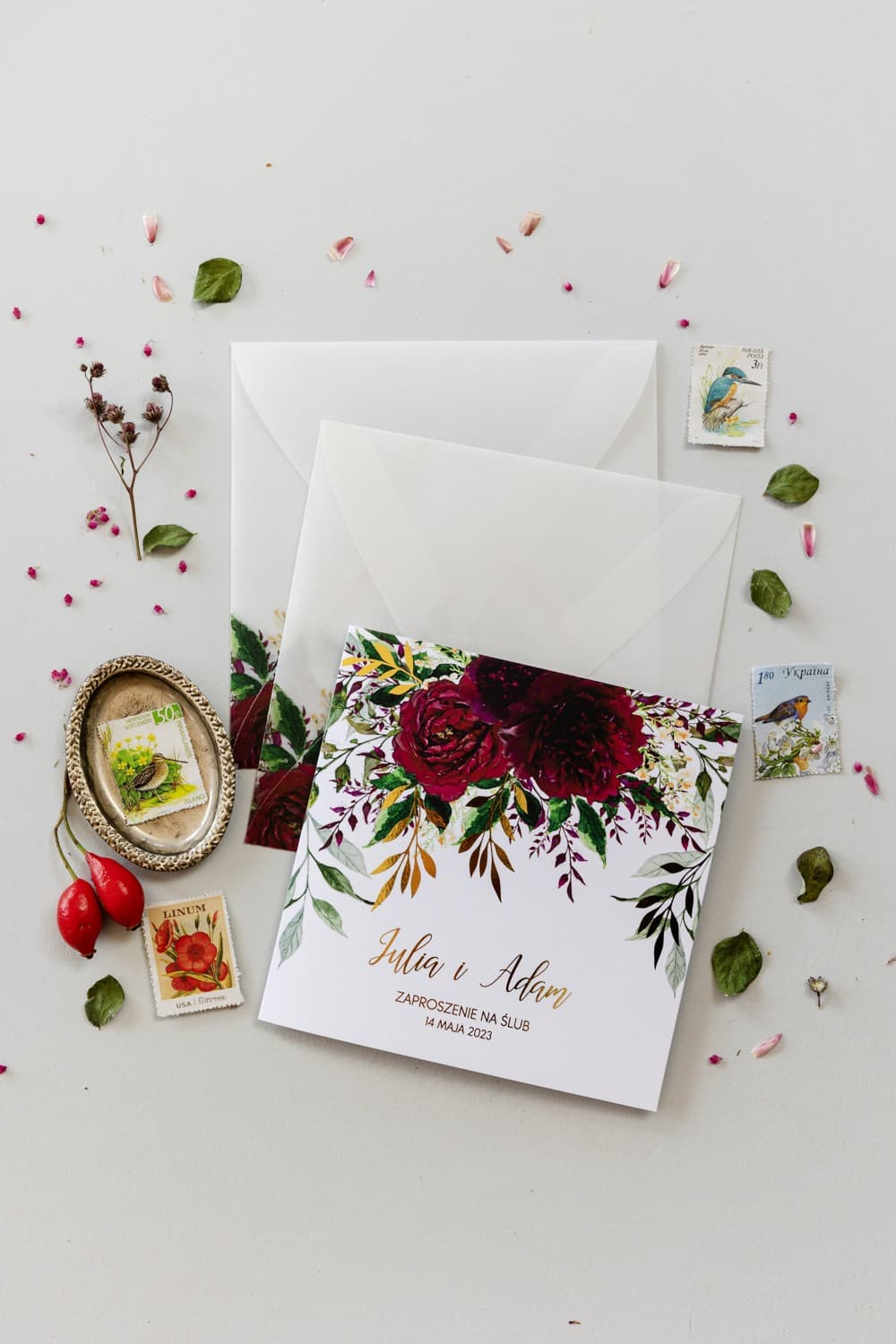 Zaproszenie na Wesele Rubin nr 3 – Styl Glamour z Burgundem i Złoceniem