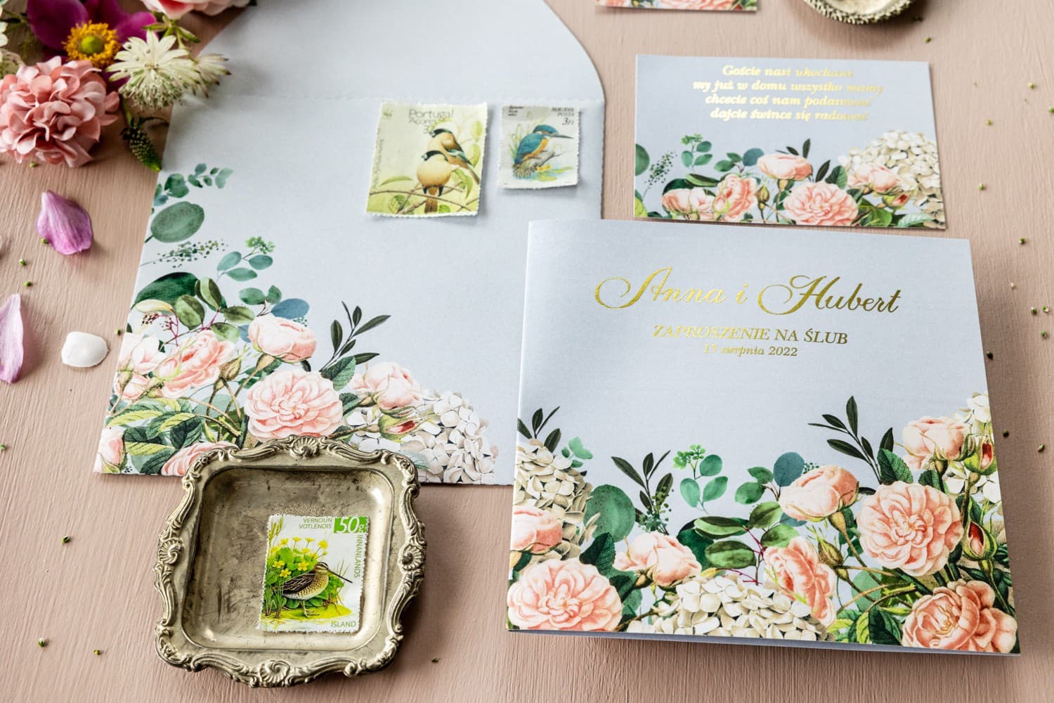 Zaproszenia Ślubne Szafirowe nr 2 – Róże i Hortensje
