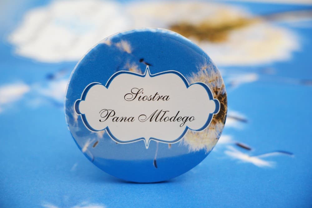 Przypinki Ślubne z Dmuchawcem, Identyfikatory dla Gości | Personalizowane Kotyliony Weselne | Felicja nr 11