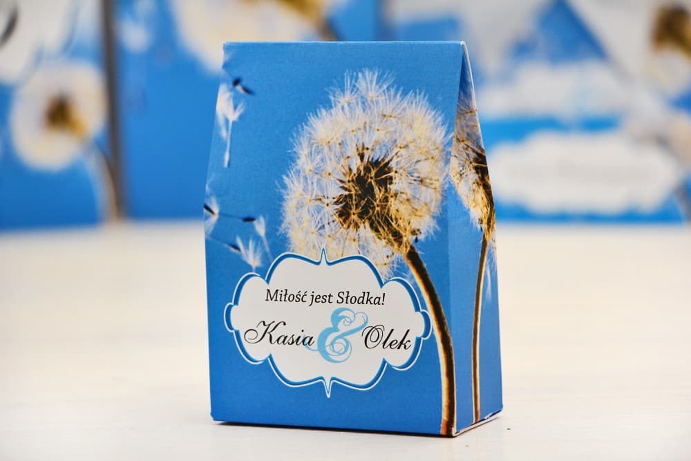 Pudełeczka z motywem dmuchawca i słodyczami, personalizowane | Podziękowania dla gości weselnych | Felicja nr 11