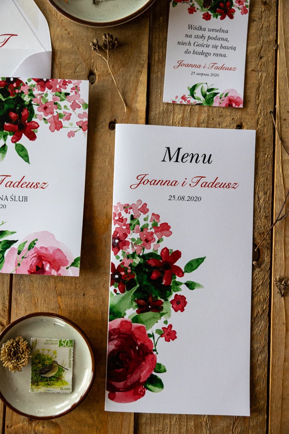 Bordowe Kwiaty i Zielenie | Menu Weselne Eleganckie | Kalia Nr 11