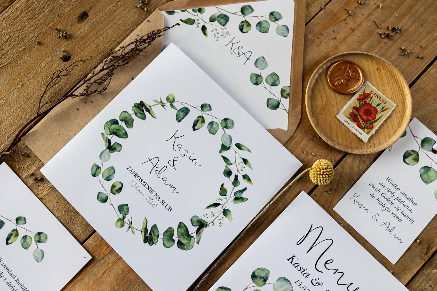 Zaproszenia ślubne greenery z zielonym eukaliptusem w stylu eko – Kalia nr 2 - 3