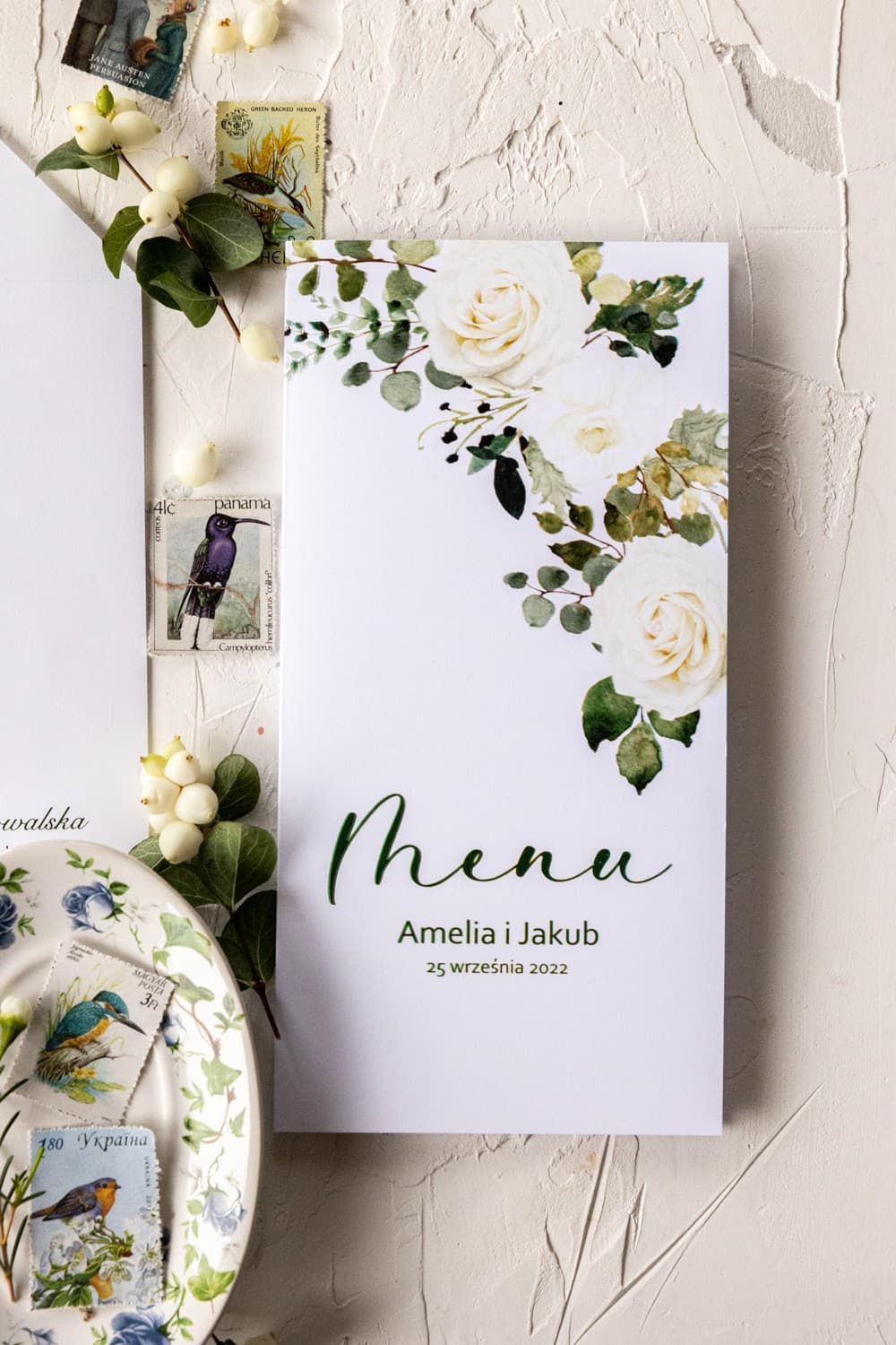 Eleganckie Menu Weselne Składane z Eukaliptusem i Różami | Karta Dań na Stół Weselny | Korani nr 12