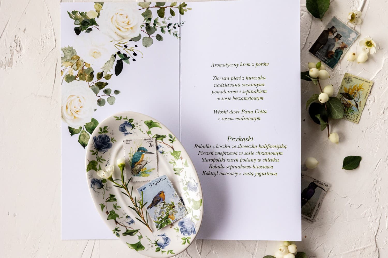 Eleganckie Menu Weselne Składane z Eukaliptusem i Różami | Karta Dań na Stół Weselny | Korani nr 12 - 2