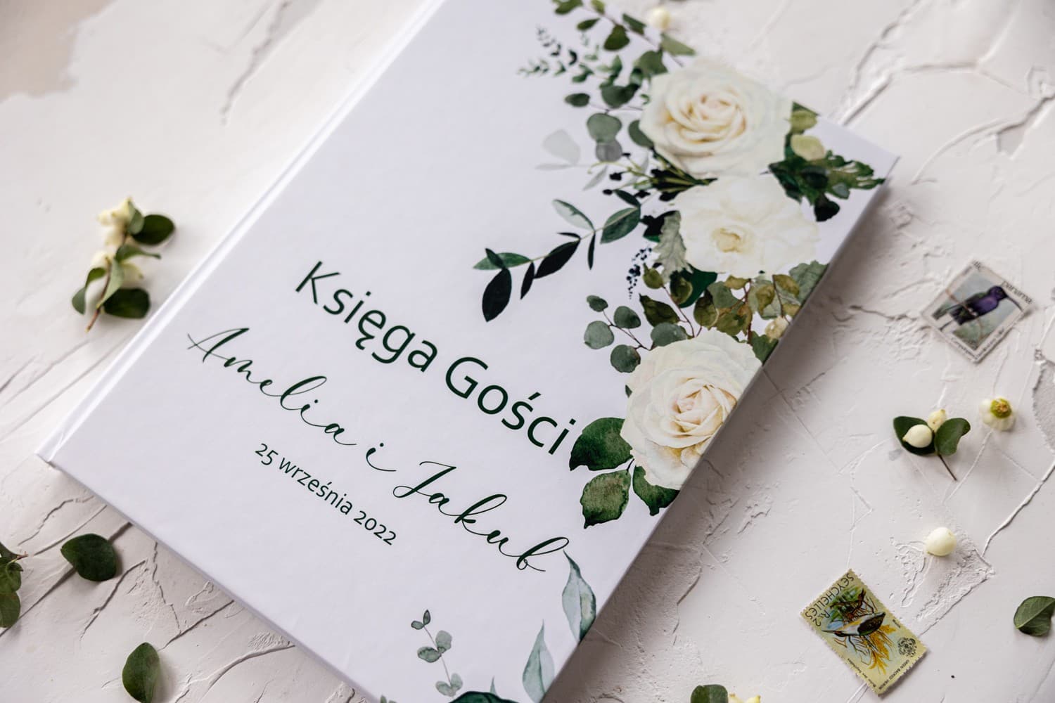 Księga Gości Weselnych Białe Róże Zieleń, Personalizowana A4 | Elegancka Pamiątka Ślubna | Korani Nr 12 - 3