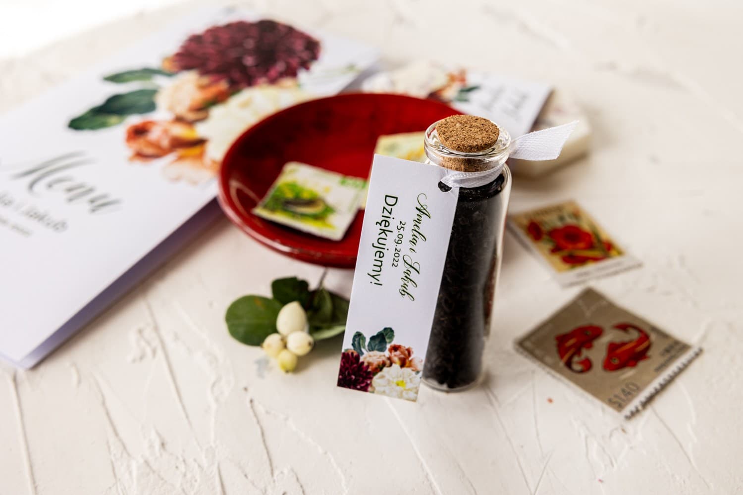 Podziękowania dla Gości Herbata w Buteleczce z Korkiem | Upominki Weselne z Dalią | Korani nr 13 - 2