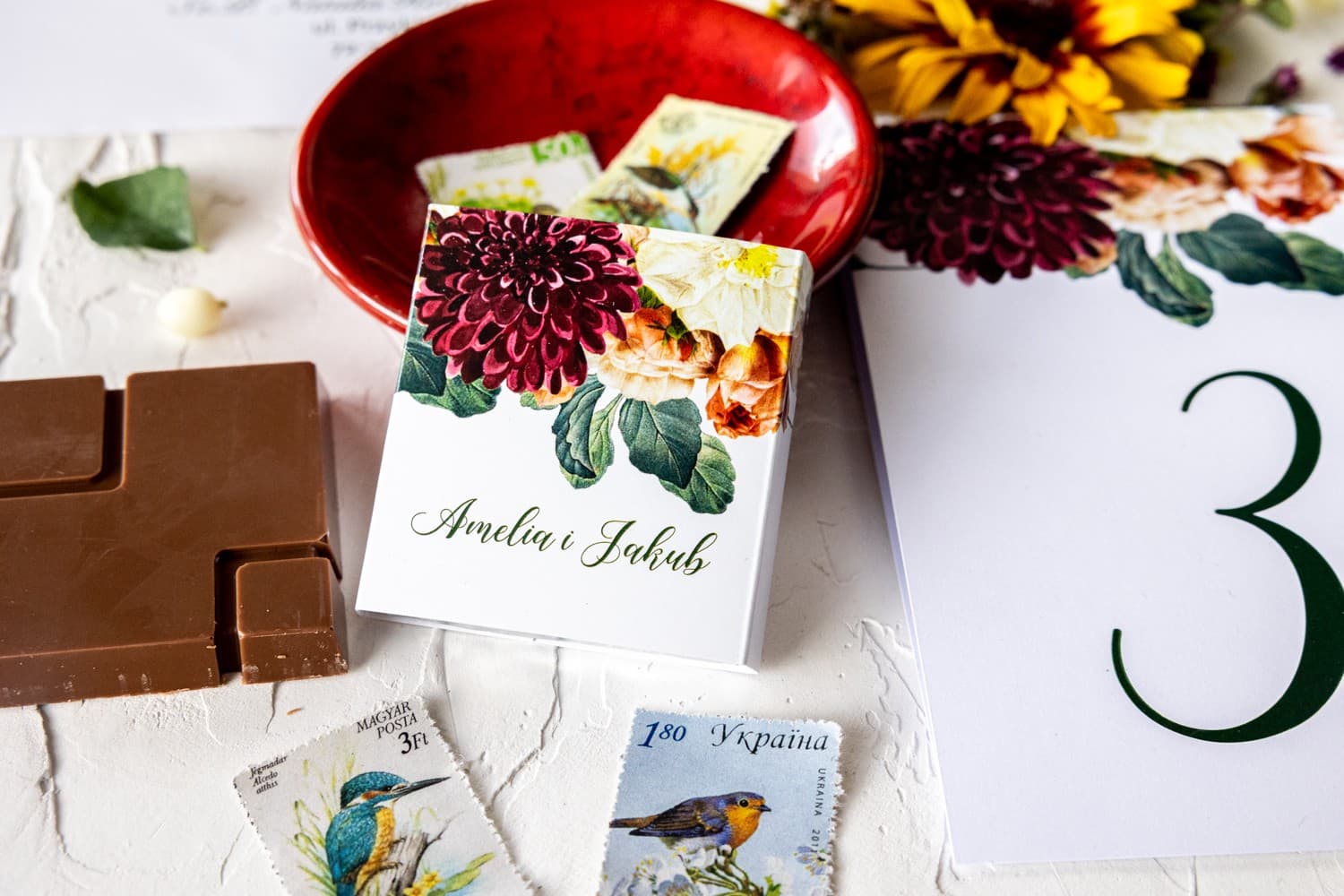 Czekoladki Ślubne z Daliami | Personalizowane Podziękowania dla Gości Weselnych | Korani nr 13 - 2