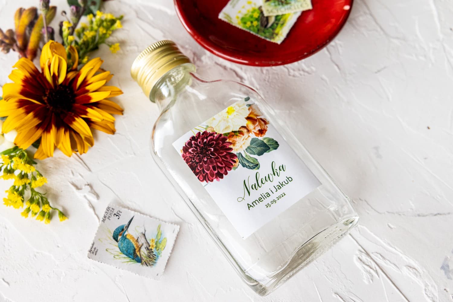 Eleganckie Buteleczki na Alkohol Weselny z Kwiatową Etykietą | Podziękowania dla Gości | Korani nr 13 - 2